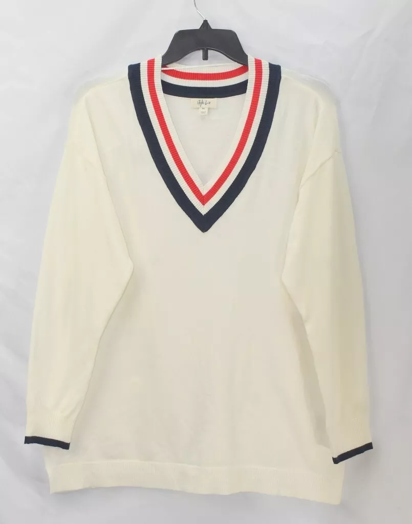 Style Co Women s Size XXL V Neck Varsity Striped Trim Sweater White NwT