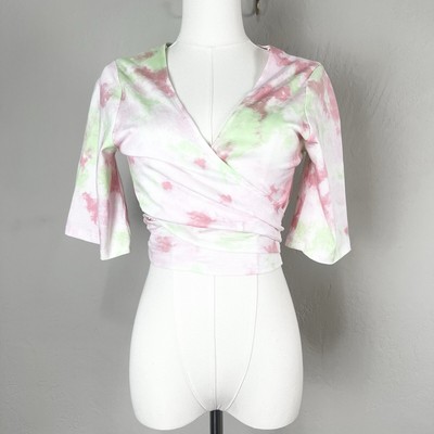 Fabletics Laila Wrap Crop Top Pixie Ethereal Pink & Green Tie-dye Size Med NWT
