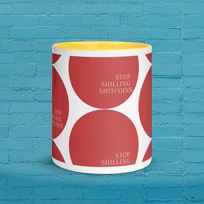 Ceramic Mug with Colorful Rim, Handle & Inside - Quote ''Stop Shilling Shitcoins''