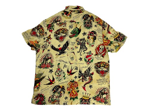 Camicia da uomo Ed Hardy taglia media stampa tatuaggio 100% viscosa manica corta bottoni - Foto 6 di 9