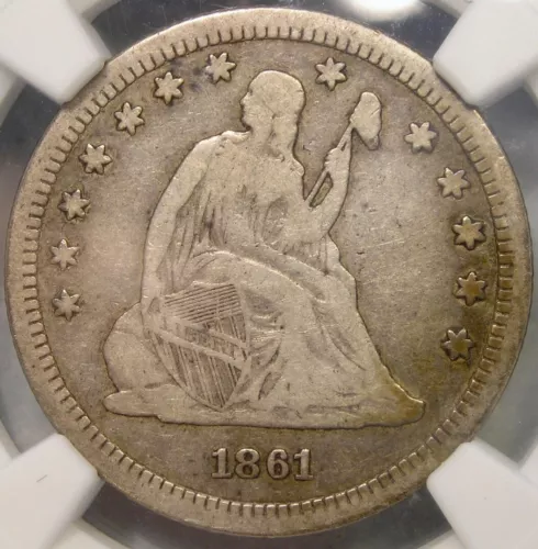 1861 S LIBERTY SEATED SILVER QUARTER APPEALN VERY SCARCE SEMI KEY DATE NGC VF 20
