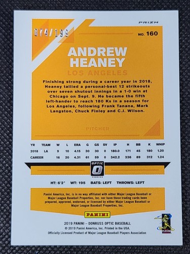 2019 Donruss Optic Andrew Heaney Pink Velocity Prizm #160 Los Angeles /1 99 - Picture 2 of 4