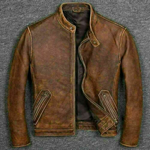 Men Vintage Distressed Brown Biker 
