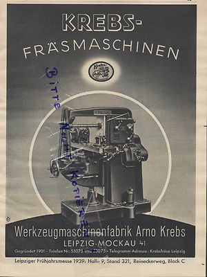 LEIPZIG-MOCKAU Werbung 1939, Werkzeug-Maschinen-Fabrik Arno Krebs Fräs-Maschinen