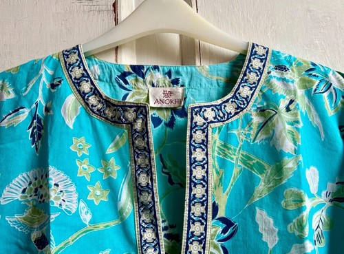 ✩Lovely *EAST ARTISAN with ANOKHI* Turquoise Hand Block Print Tunic Top 18✩ - Picture 3 of 7