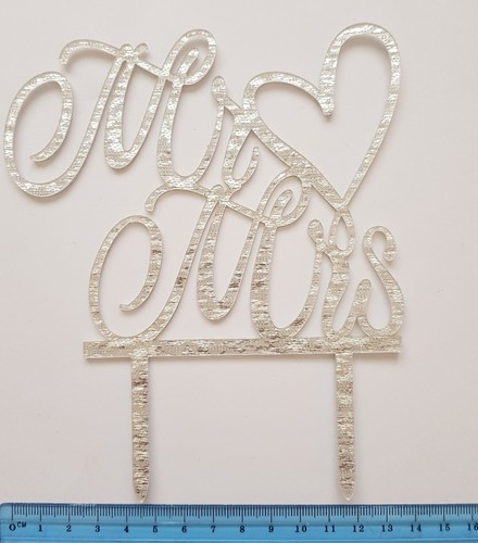MR MRS WEDDING CAKE TOPPER, SILVER GLITTERY ACRYLIC SIGN, 16X14CM, KEEPSAKE - Picture 3 of 4
