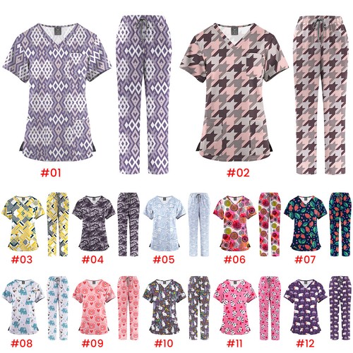 Printed Scrub Uniform Set Medical Doctor Nursing Tops Pants Men Women Wholesale - Picture 8 of 30