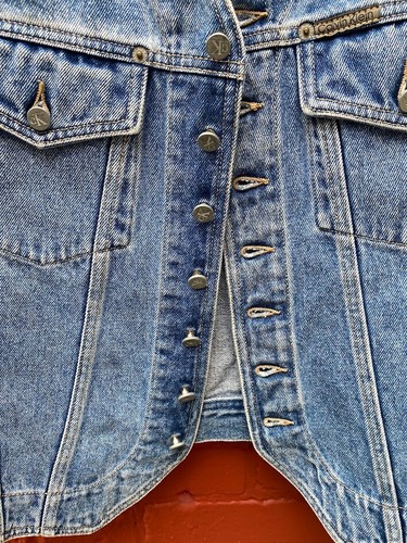 VTG 80s CALVIN KLEIN Sleeveless Denim jacket 6 Button VEST Sz L USA - Imagen 10 de 11