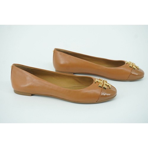 TORY BURCH Everly Cap Toe Ballerina Flats Gold Logo Ballet Tan Leather Size 5 - Picture 3 of 10