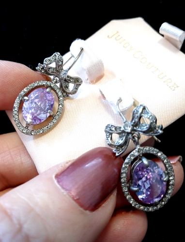 Vintage Y2K JUICY COUTURE Platinum Plated Earrings Bow Center CZ w Pave Drop NEW - Picture 11 of 18