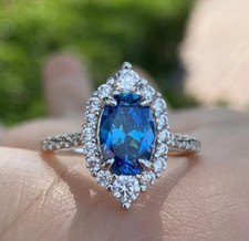 Blue Oval Cut Cubic Zirconia Halo Women's 925 Sterling Silver Wedding Gift Ring