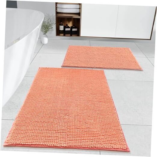 Ultra-Absorbent Coral Chenille Bathroom Rug Set – Non-Slip 31x20 & 24x16 Inches