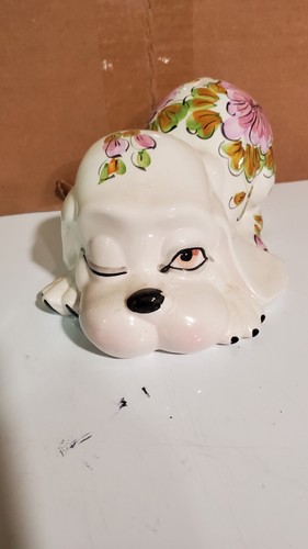 vintage dog bank white with pink flowers - Picture 2 of 6