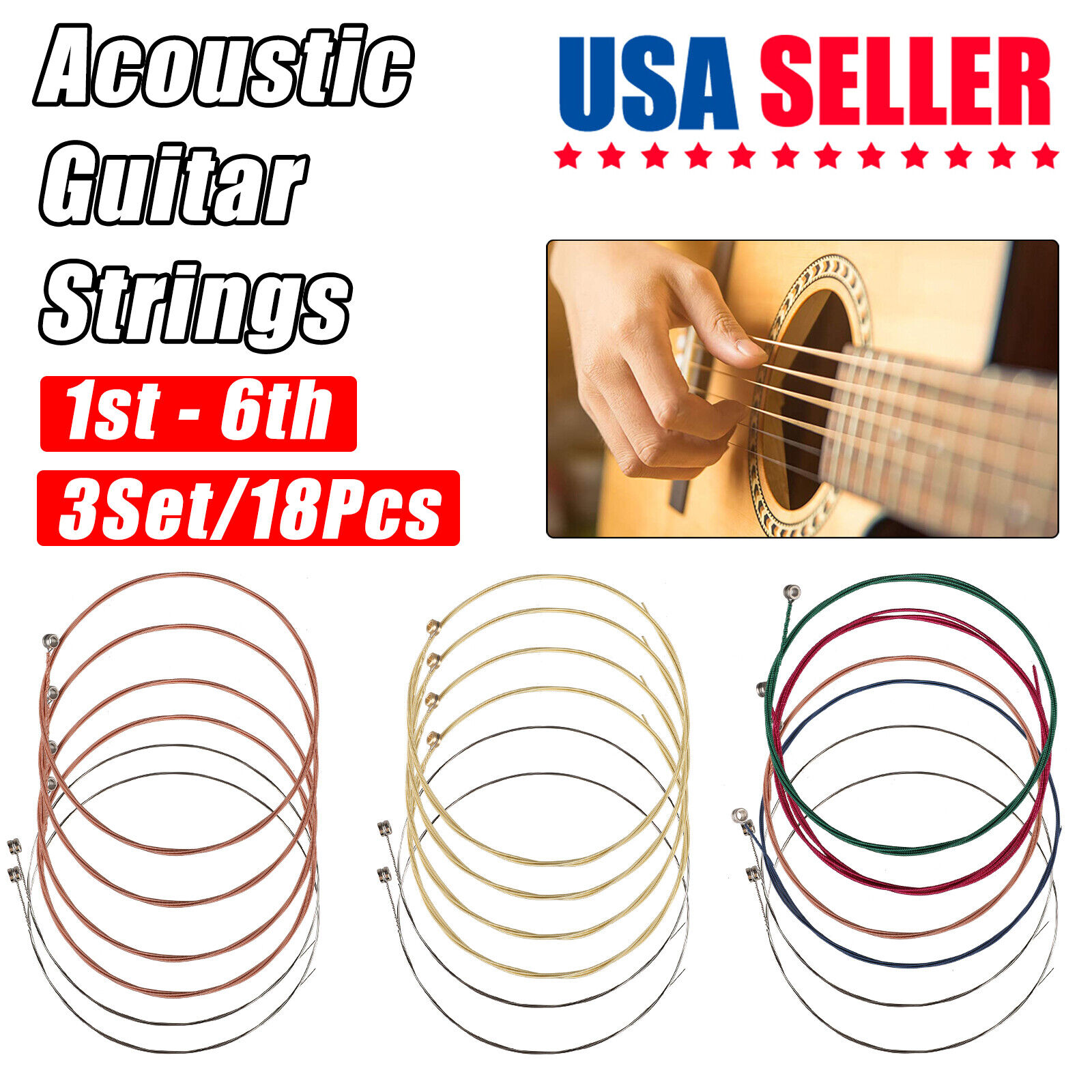 3Sets of 6 Guitar Strings Replacement Colorful Steel for Acoustic Guitar 1st-6th
