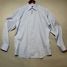 Men’s David Donahue Blue Check Dress Shirt 32/33 100% Cotton Long Sleeve