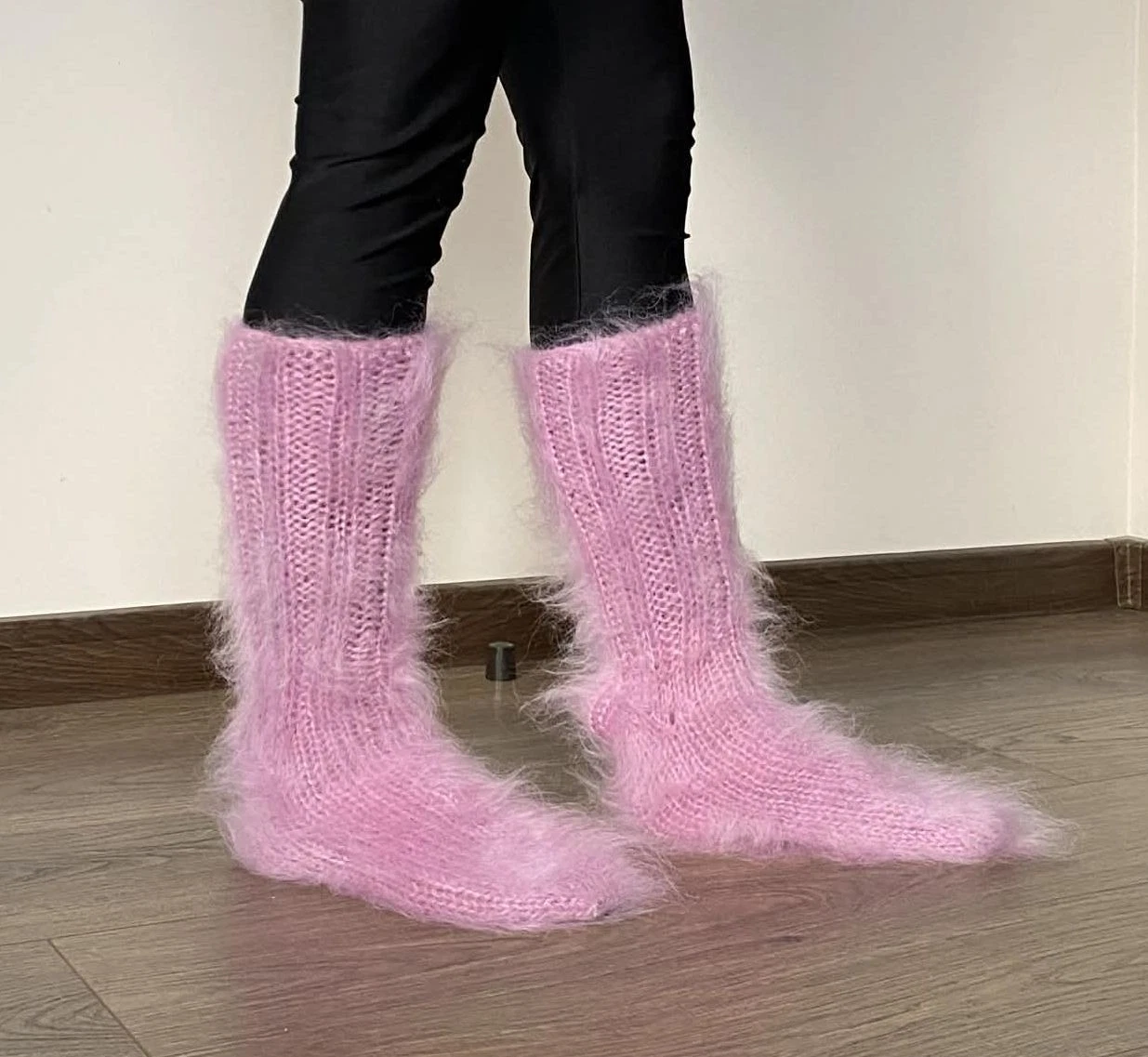 MOHAIR LIGHT PINK Thick socks fuzzy hand knitted fluffy leg warmers № 1687