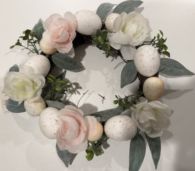 Artificial Easter Rose & Speckled Egg Floral Wreath White Pink Green 12 in