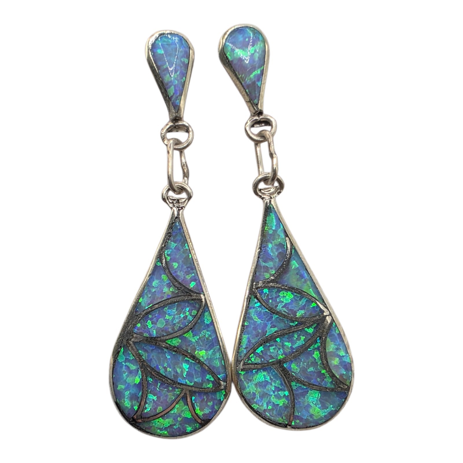 Solid 925 Sterling Silver Opal Dangle Drop Earrin… - image 1