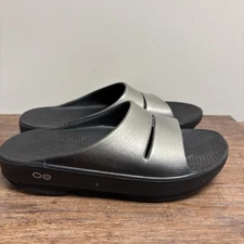 OOFOS OOahh Recovery Slide Sandals Black Silver Women’s 6 Men’s 5 Comfort Ortho