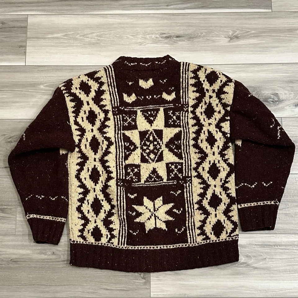 复古 Abercrombie & Fitch 毛衣 XL 码厚羊毛 Fair Isle 北欧勃艮第 — 第 3/4 张图片