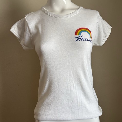 Authentic Vintage 1970s Hawaii Rainbow Souvenir Tee White Fitted T-Shirt XS/S - Picture 4 of 8