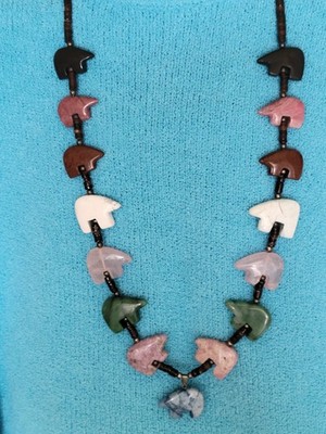 VINTAGE NAVAJO BEAR TOTEM FETISH NECKLACE WITH HEISHI, STERLING  BEADS CONES.