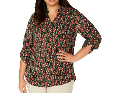 NY Collection Plus 3X Black Red Floral Blouse V Neck Button Career Work Top NWT