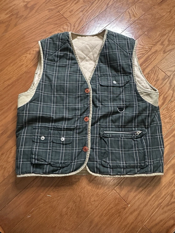 De Colección Tommy Hilfiger Chaleco Reversible Para Hombre Mediano Exterior Cuadros Acolchado Caqui Foto 2 de 4