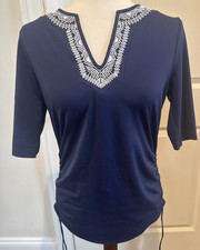 Lands End Swim Shirt Cover Up Top Small Navy Blue Long Sleeve Embroidered Ruched