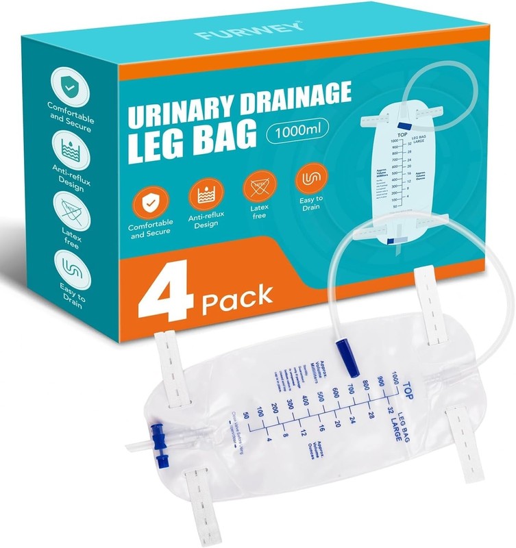 4-Pack Leg Bags, 1000mL, 18-inch Tubing with Anti-Reflux Valve, Sealed Separa...