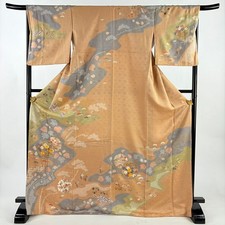 JAPANESE KIMONO HOMONGI LIGHT BROWN 172cm 5 ft 8 in PURE SILK FF9539