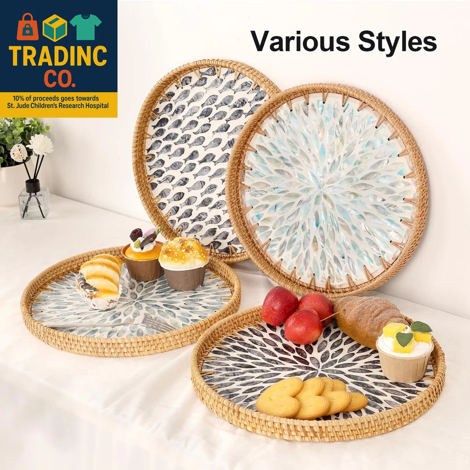Round Rattan Tray with Mother of Pearl Inlay, Rattan Serving Tray for Coffee, Br - Image 3 of 4