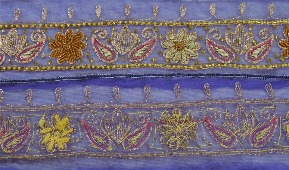 Sanskriti Vintage Sari Borde Cuentas a Mano Artesanal 1 Yarda Costura Púrpura Adornos Encaje Foto 3 de 4