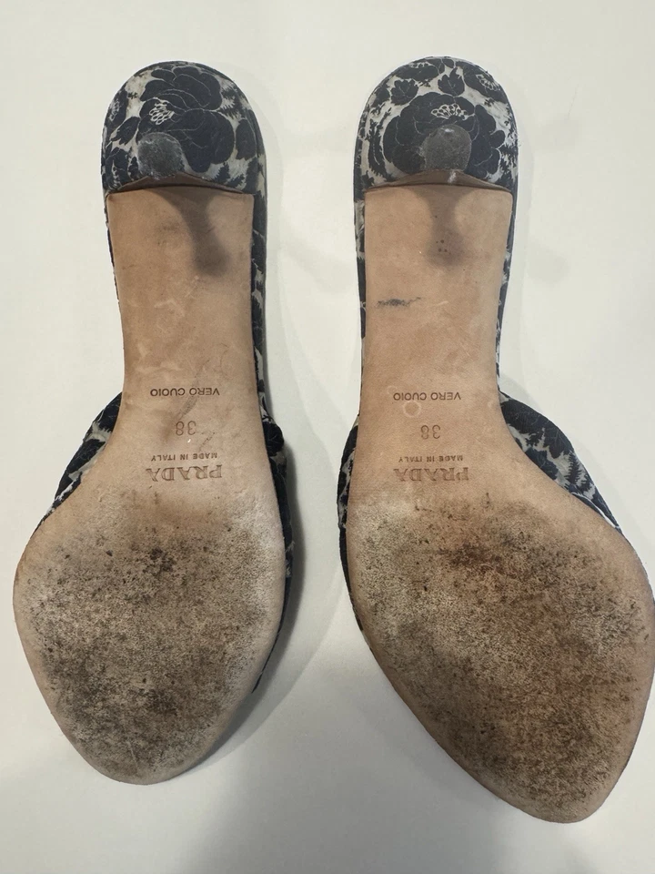 Prada 38 Shoes Blue Floral Mules Slider 38 White Heels Sandals Summer Shoes - Image 4 of 4