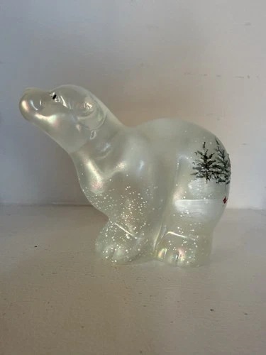 Fenton Art Glass Polar Bear Hand Painted Winter Scene Iridescent Signed