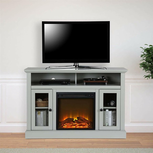 Gray Grey Wood TV Stand Entertainment Center Electric Fireplace Storage