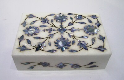 Marble Jewelry Box Shiny Gemstone Inlay Work Dressing Table Decor Box 6x4 Inches