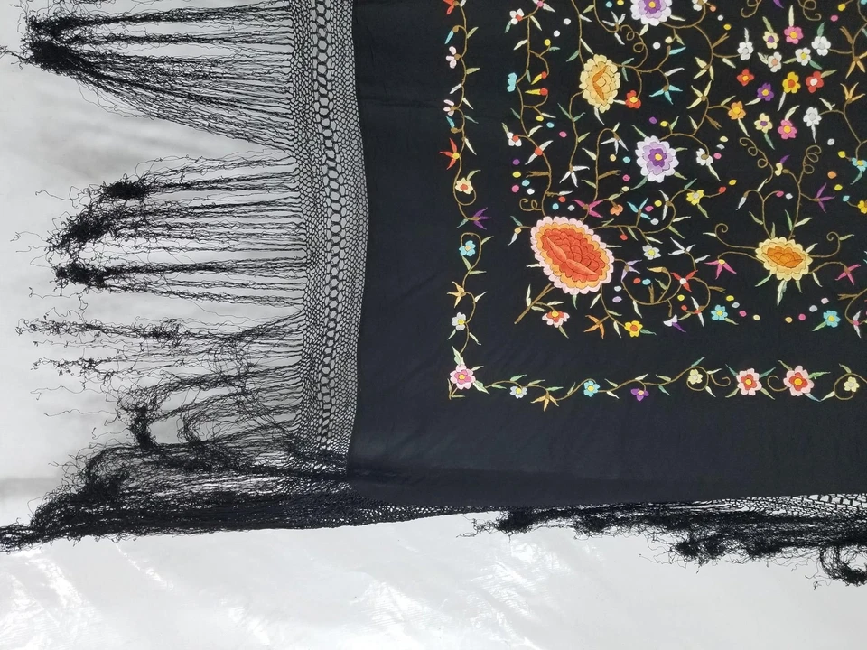 Vintage Chinese Silk Hand Embroidered Floral Piano Shawl 45x44 inches - Image 2 of 4