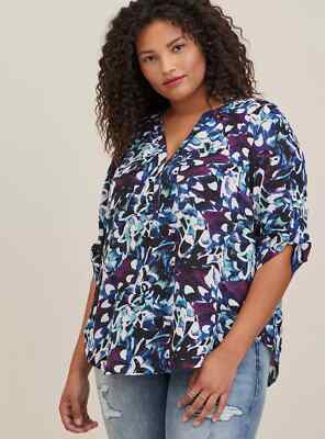 Torrid Plus Size 3 Harper Blue Purple Roll Tab 3/4 Sleeve Pockets Tunic Top