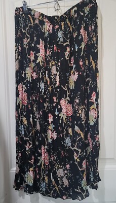 NWT GP & J Baker H&M Fairy Midi Skirt Birds Floral Pleated Black Size LARGE