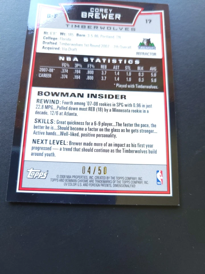 2008-09 Bowman Draft Picks & Stars Chrome Gold Refractor /50 Corey Brewer #17 — 第 4/4 张图片