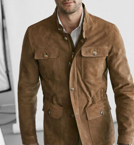 Brown Leather Shirt Jacket Men Pure Suede Slim Fit Custom Fit Size S M L XL -025
