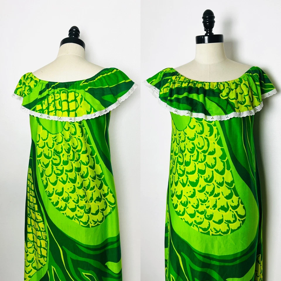 1960-х 60-х 70-х годов зеленый фрукт гавайский винтажный отверстие кружева сарафан платье S M - Изображение 4 из 4
