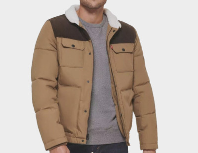 New Levi's Men's Mixed Media Puffer Jacket Parka Brown Size XL