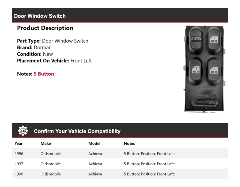 Interruptor de ventana de puerta delantero izquierdo Oldsmobile Achieva Dorman 1996-1998 1997 Foto 2 de 4