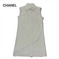 USED CHANEL CORDUROY SLEEVELESS DRESS SHIRT, SIZE 40 GOOD