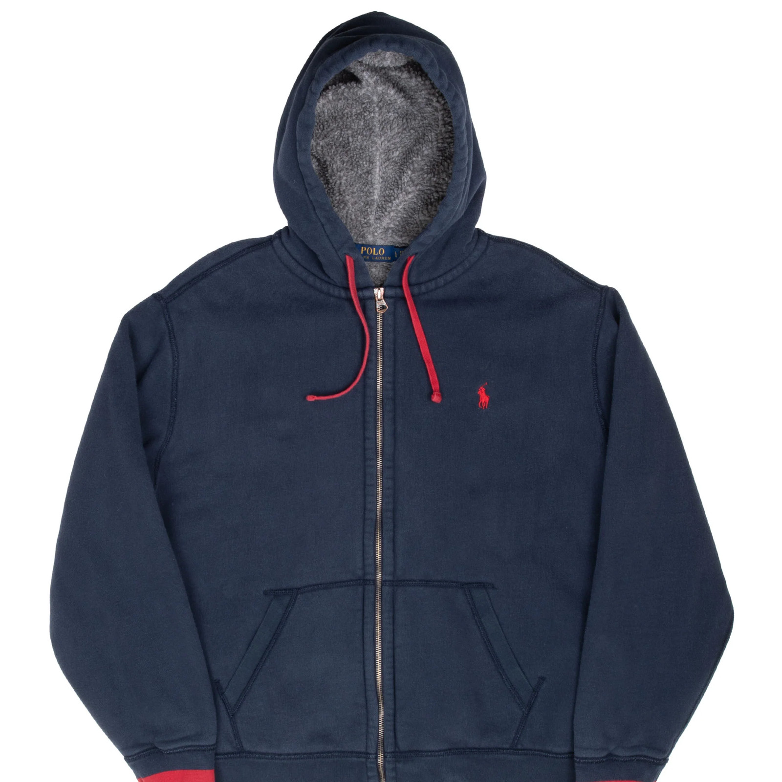 VINTAGE POLO RALPH LAUREN BLUE SHERPA LINED FULL ZIP HOODIE SWEATSHIRT LARGE