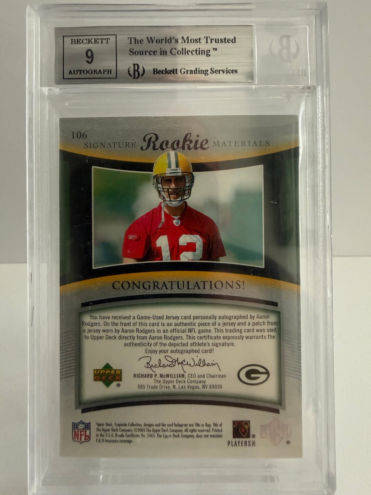 Aaron Rodgers 2005 Exquisite #106 RPA Rookie GAME-USED PATCH AUTO 24/199 BGS 9.0 view 2