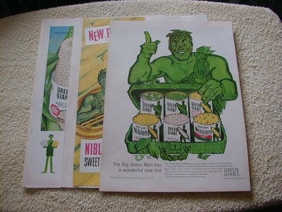 Vintage lot of 8 Green Giant magazine print ads 1948-1960 Jolly Green Giant ad