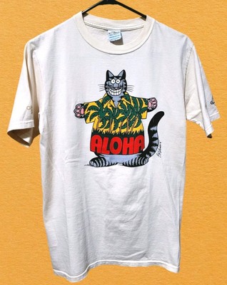 NWT B. KLIBAN ''ALOHA PALM CAT'' T-SHIRT, CRAZY SHIRTS, COCONUT-DYED CREAM, SMALL